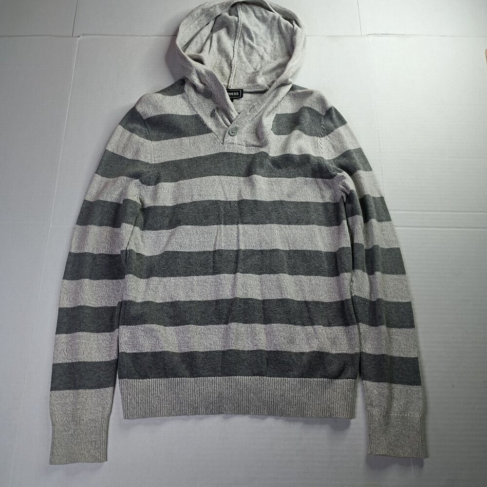 Express Pullover Hoodie Sweater Men's S Small Gray Striped Cotton Long Sleeve‎